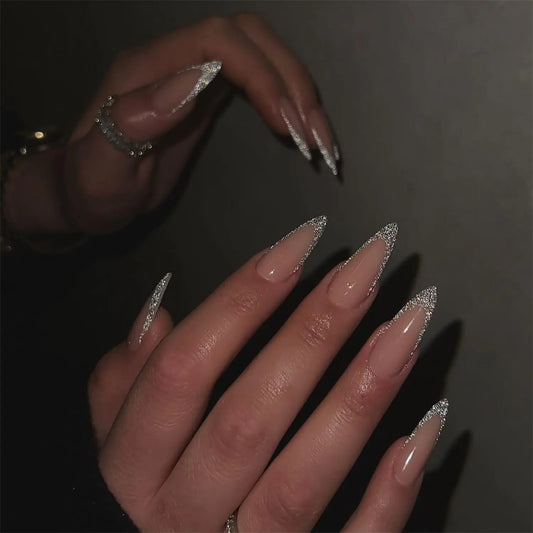 24 Pcs Stiletto Press on Nails Long Fake Nails with Glue Glitter Full Cover False Nails with Designs Acrylic Nails Press ons Almond Nail Tips Glossy Glue on Nails Artificial Stick on Nails for Women