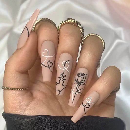 Foccna Coffin Nude Press on Nails Flower Fake Nails Long Acrylic Fake Nails Graffiti Stick on Nails With Sticker Beautiful Nails for Women Girls -24Pcs