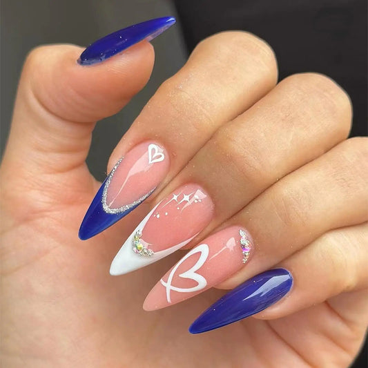 Valentines Press on Nails Medium Almond Fake Nails Blue French Tips with Heart Design Rhinestone Glue on Nails Acrylic Artificial Nails Full Cover Stick on Nails for Women & Girls 24 Pcs