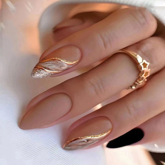 Almond Press on Nails Medium Fake Nails with Golden Glitter Lines & Smudge Designs Acrylic Nails Press ons Matte Glue on Nails Black Full Cover Artificial Stick on Nails for Women 24Pcs