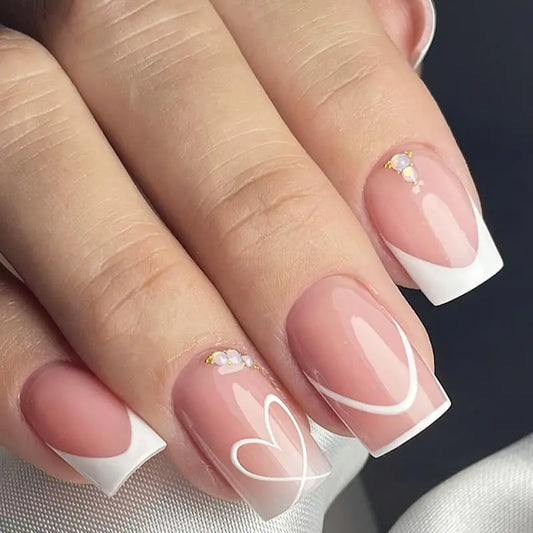 White French Tip Press on Nails Medium Square Fake Nails with Rhinestone Designs Nude Pink Glossy Stick on Nails Valentine Glue on Nails Cute False Nails for Women Girls Holiday Manicure